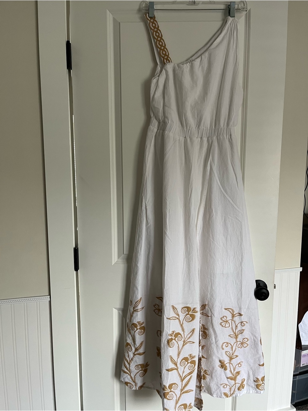 White One-Shoulder Maxi Dress with Gold Floral Embroidery